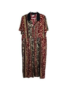 Vintage Cascais Maxi Dress 80s Short Sleeve Button Up Collared Leaf Maroon 14